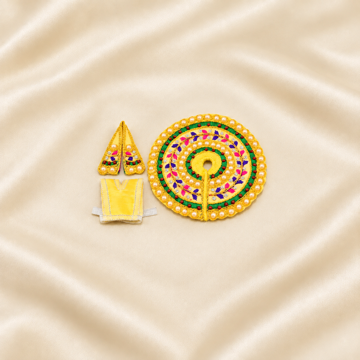 Yellow and green pearl-work Laddu Gopal dress set with mukut and patka