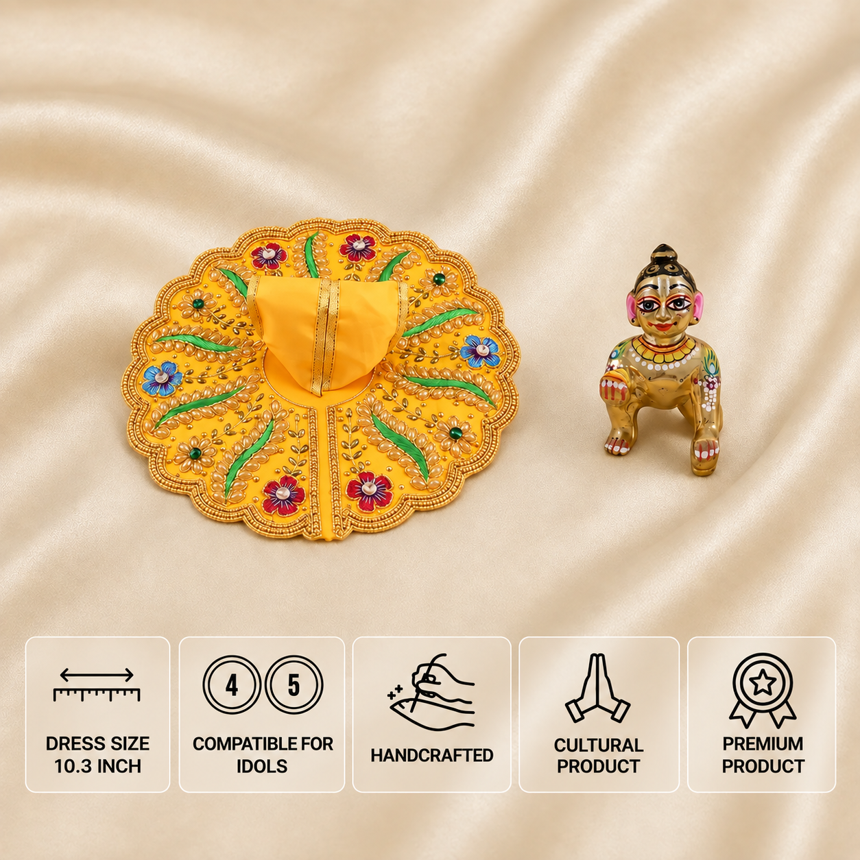 Yellow handcrafted Laddu Gopal dress for 4 and 5 number idols with colourful floral and golden embroidery.