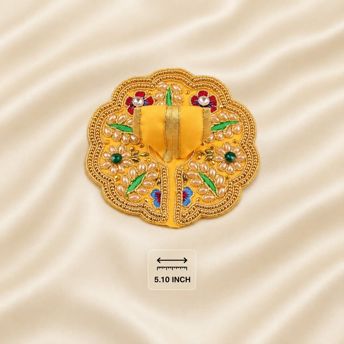 Yellow embroidered Laddu Gopal dress with pearl, stone and floral beadwork, measuring 5.10 inch.