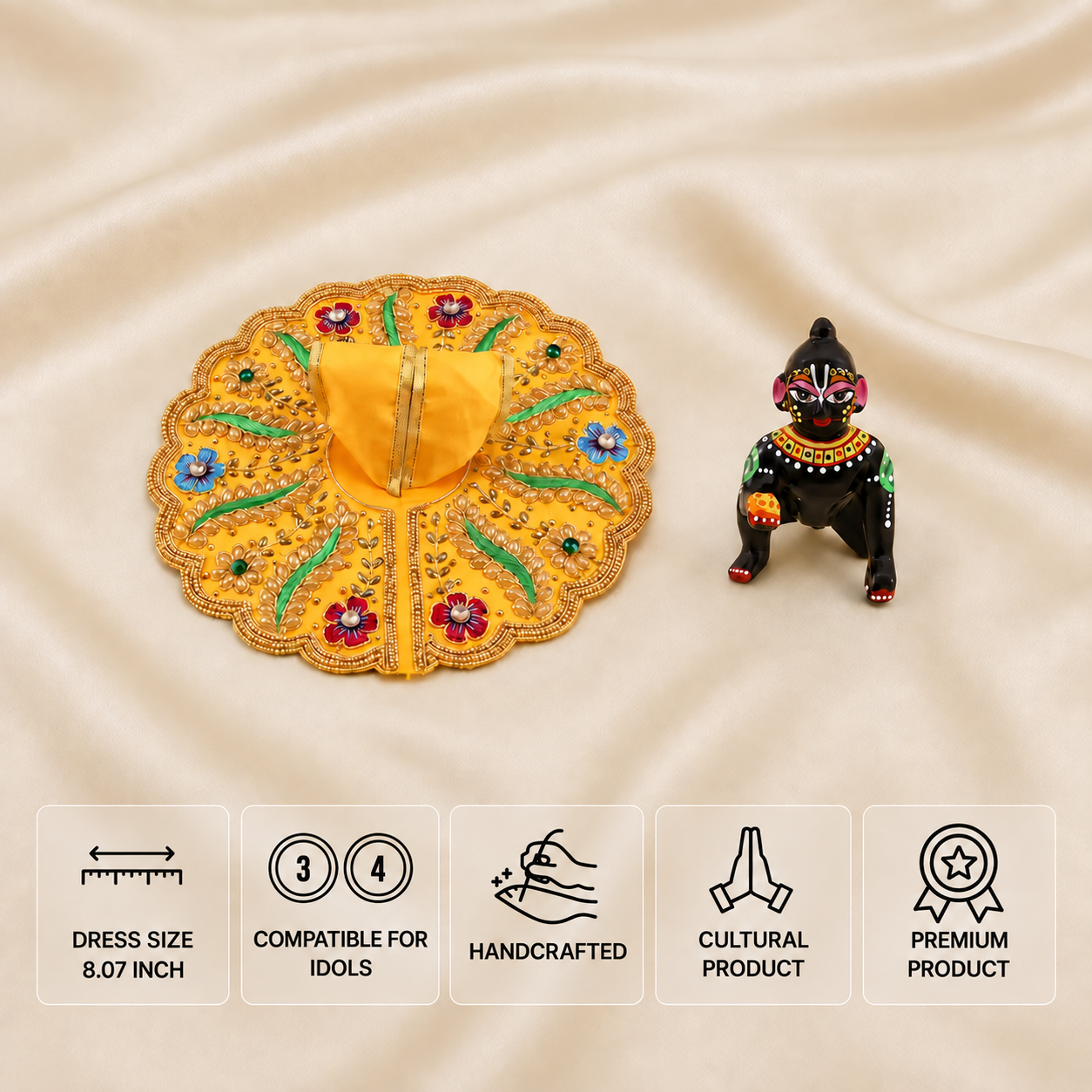 Yellow handcrafted Laddu Gopal dress for 3 and 4 number idols with colourful floral and golden embroidery.