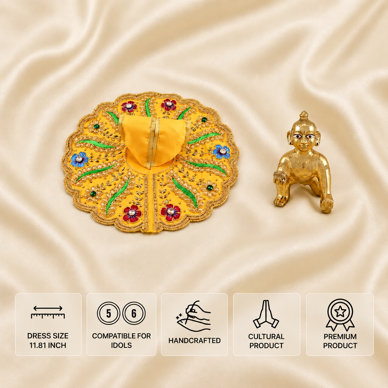 Yellow handcrafted Laddu Gopal dress for 5 and 6 number idols with colourful floral and golden embroidery.