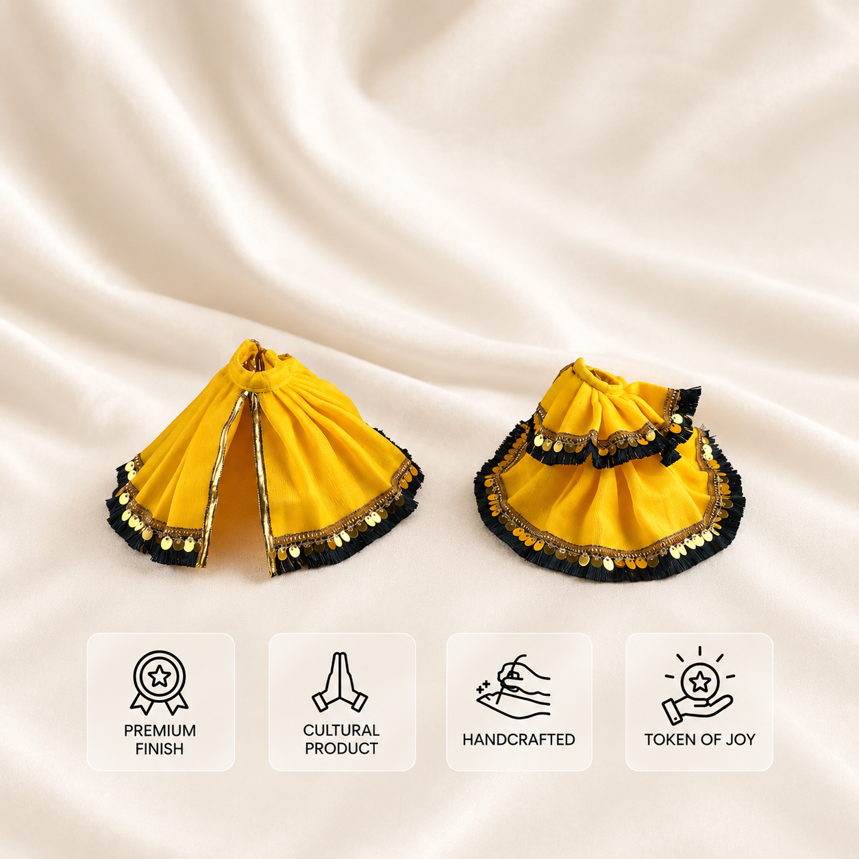Yellow Laddu Gopal poshak shown in two views with black fringe and gold-tone sequin trim 
