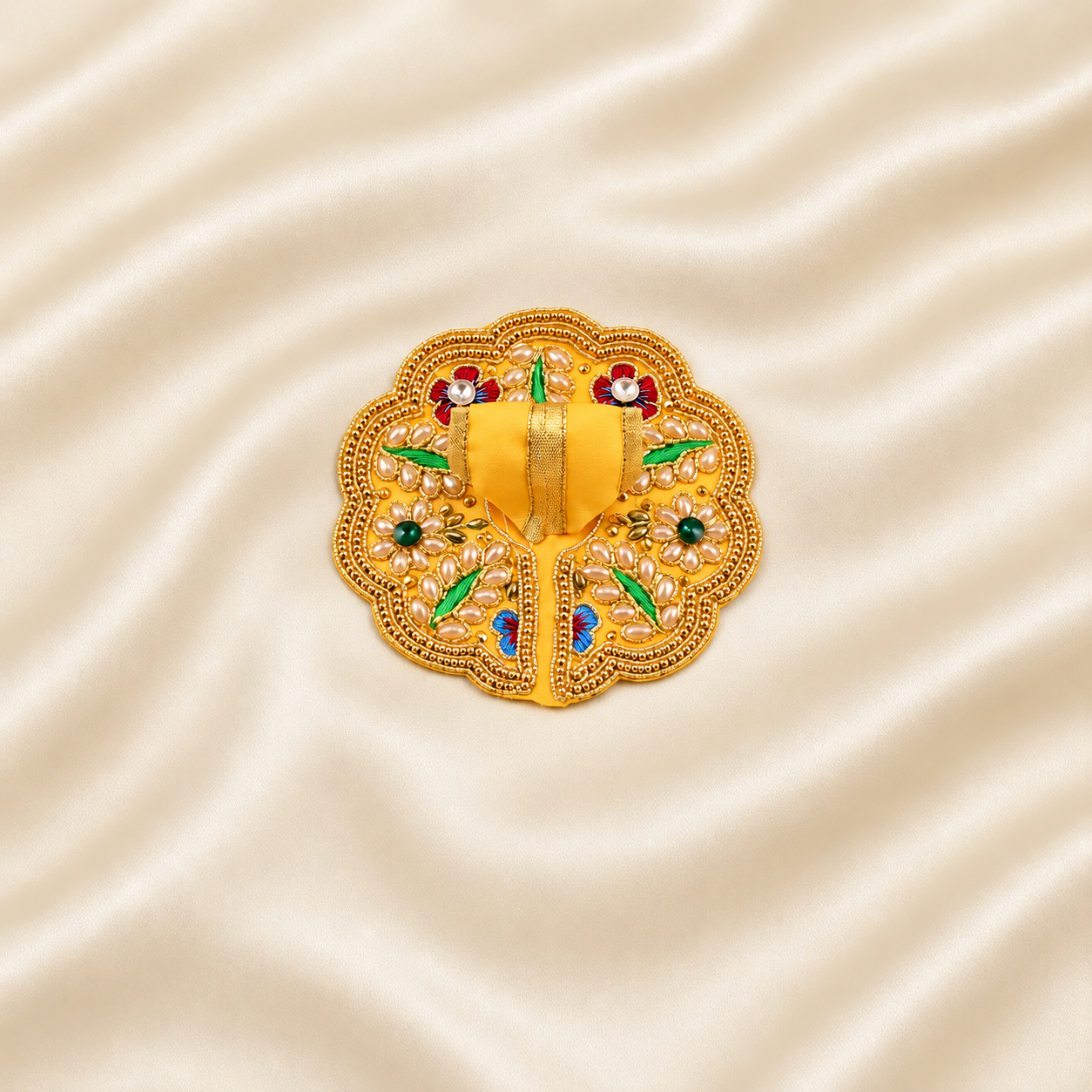 Yellow multicolour embroidered Laddu Gopal poshak set with mukut and patka