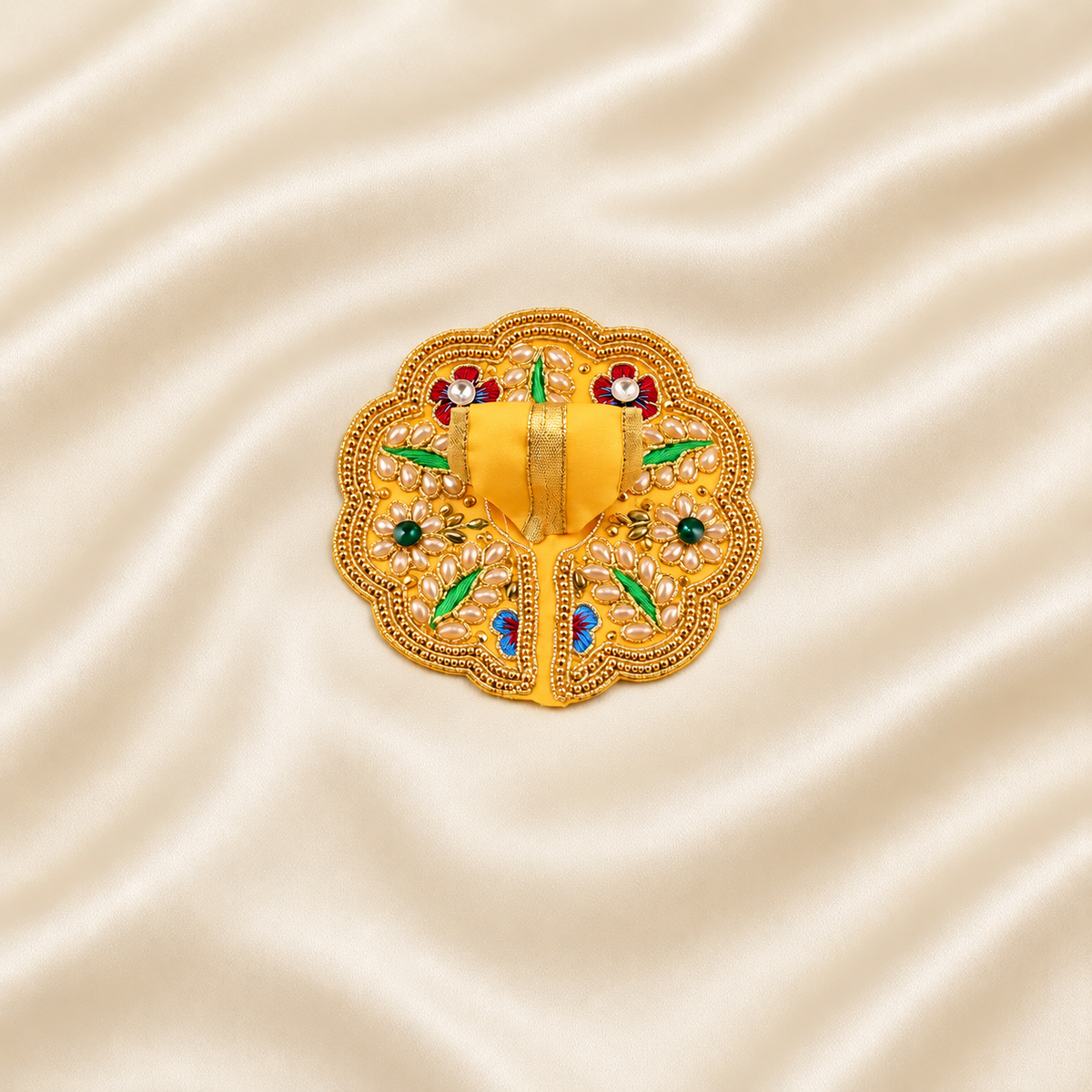 Yellow multicolour embroidered Laddu Gopal poshak set with mukut and patka