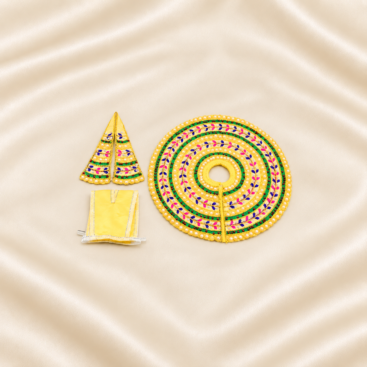 Yellow multicolour embroidered Laddu Gopal poshak set with mukut and patka