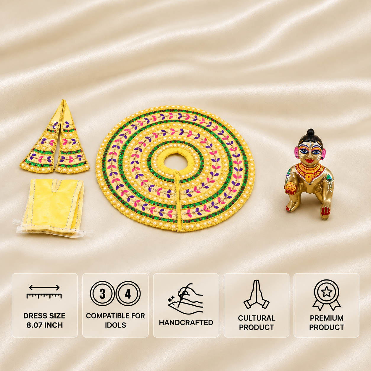 Yellow Laddu Gopal poshak set for 3 and 4 number idols with multicolour leaf embroidery and pearl detailing.