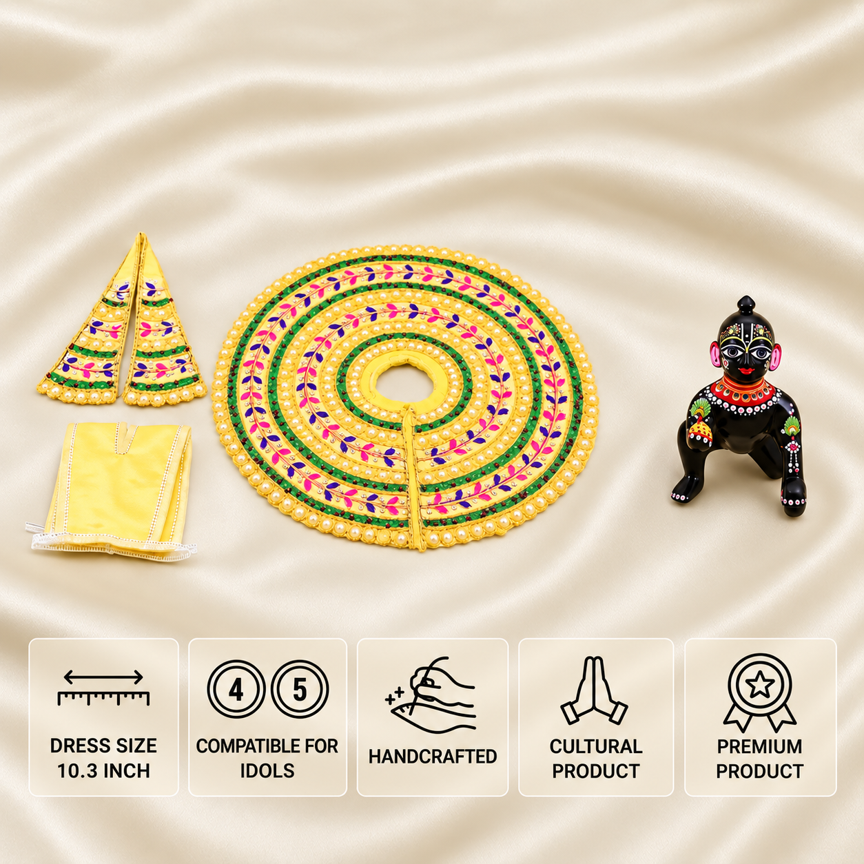 Yellow Laddu Gopal poshak set for 4 and 5 number idols with multicolour leaf embroidery and pearl detailing.