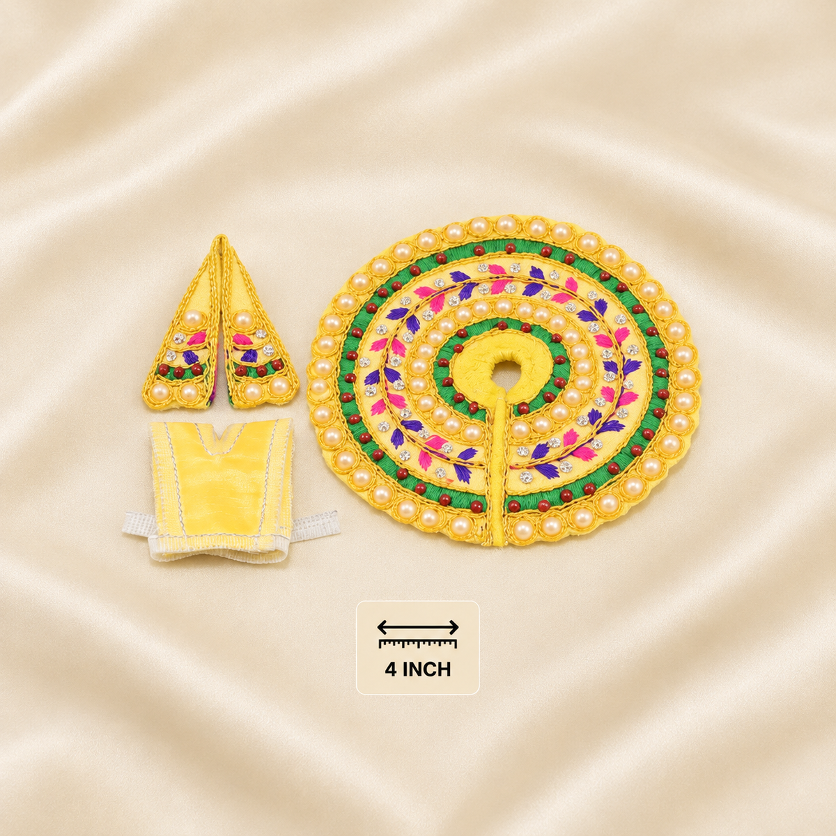 Yellow pearl-embroidered 4-inch Laddu Gopal dress set with floral beadwork.